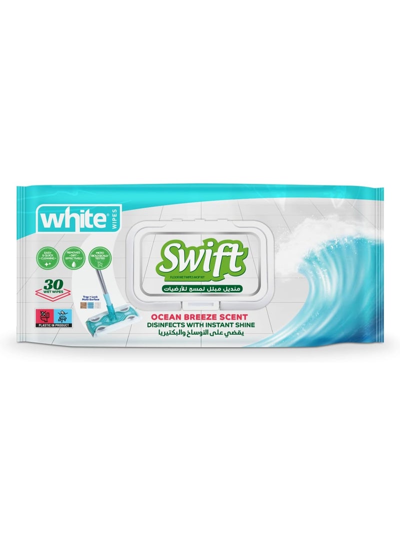 White Swift Ocean Breeze Scented Wet Floor Wipes Mop Kit Multi Surface Trap+Lock 30 Wipes - Image 1